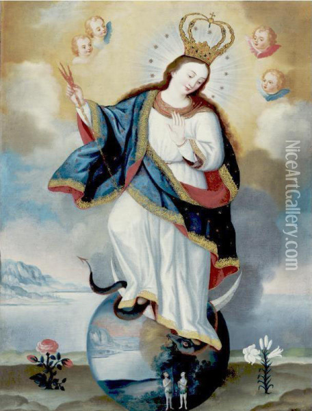 Apocalyptic Virgin Of Quito Oil Painting - Jose Cortez De Alcocer
