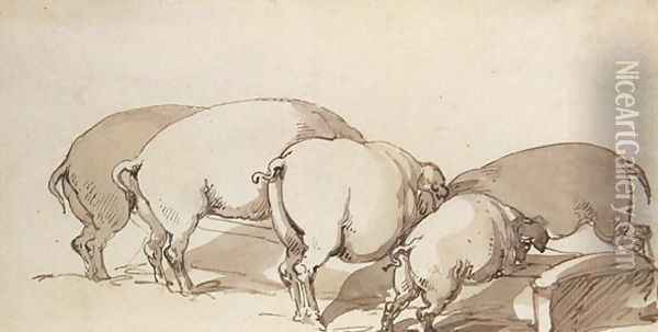 Pigs at a Trough, c.1790 Oil Painting - Thomas Rowlandson