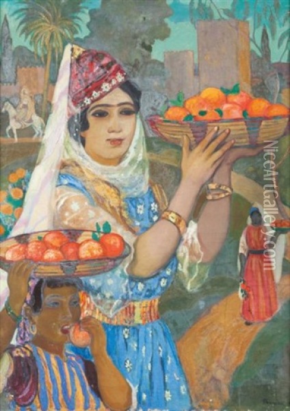 Femme Portant Des Oranges Devant Les Remparts De Mansourah, Tlemcen Oil Painting - Andre Sureda