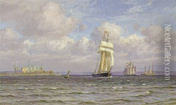Skibe I Sundet Ved Kronborg Oil Painting - Vilhelm Karl Ferdinand Arnesen