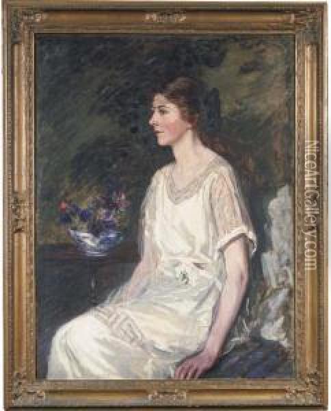 Portrait Of Pierre Collins, 
Seated, Three-quarter-length, In Awhite Dress, By A Bowl Of Flowers Oil Painting - James Jebusa Shannon