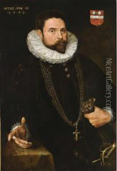 A Portrait Of A Nobleman, At The
 Age Of 44, Standing Half-length, Wearing A Black Suit With White Lace 
Collar, A Golden Chain With Crucifix, A Sword, And Holding Gloves In His
 Left Hand, Standing Next To A Table Oil Painting - Giacomo Antonio Moro