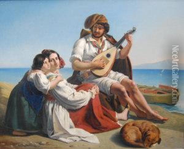 A Musician And Two Women Seated On The Shores Of Theneapolitan Coast Oil Painting - August Riedel