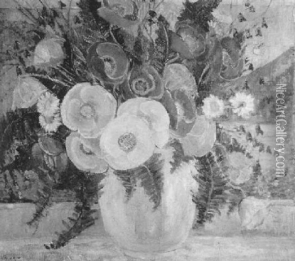 Summer Bouquet With Poppies And Fern Oil Painting - Dorothea M. Litzinger