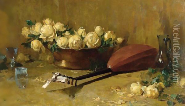 Still Life With Roses And Mandolin Oil Painting - Emil Carlsen