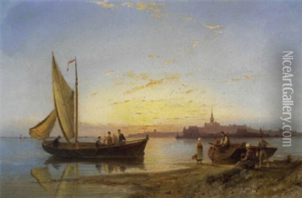 A Dutch River Scene With Figures And Boats At Sunset Oil Painting - Pieter Cornelis Dommershuijzen