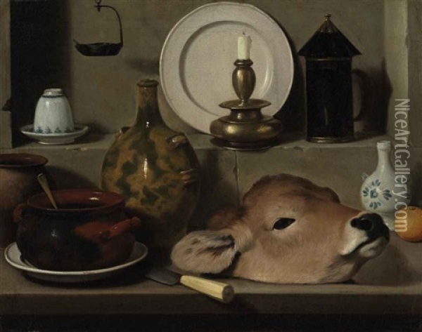 An Oil Lamp, Ceramics, Brass Lantern, Knife, Onion And Calf's Head Oil Painting - Carlo Magini
