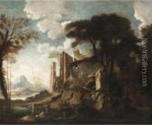 Italianate River Landscape With Figures Before Ruins Oil Painting - Salvator Rosa