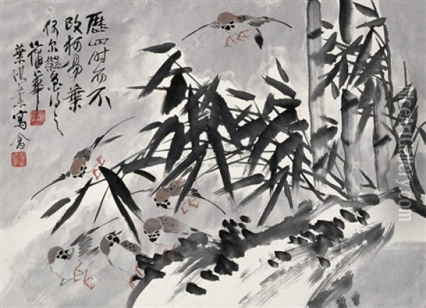 Bamboo And Birds Oil Painting -  Pu Hua