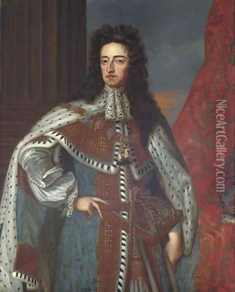 Portrait of King William III (1650-1702), three-quarter-length, in an ermine cloak; and Portrait of Queen Mary II (1662-1694) Oil Painting - Sir Godfrey Kneller
