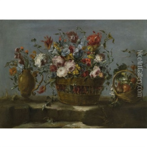 Still Life Of A Basket Of Flowers On A Rock Ledge, With A Vase Of Flowers And A Basket Filled With Fruit And Vegetables Oil Painting -  Pseudo Guardi
