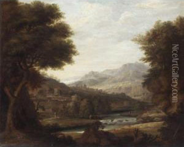 An Extensive Italianate Landscape With Figures Beside A River Oil Painting - Jan Joost Von Cossiau