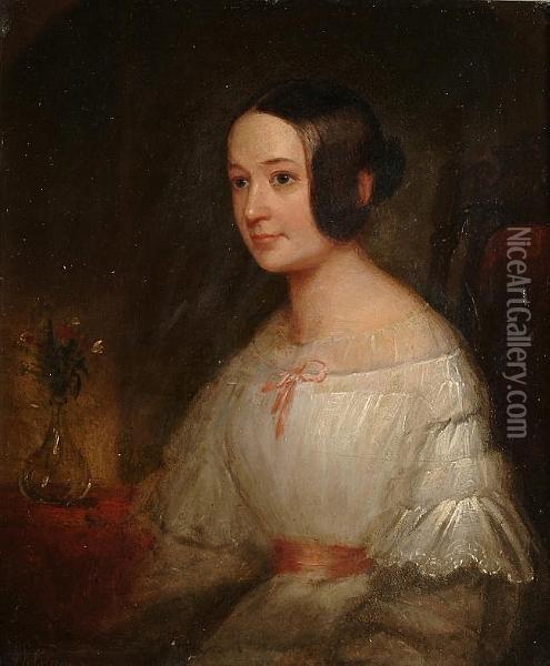 Portrait, Half Length, Of A Lady Wearing A White Dress With Pink Ribbon Trim Oil Painting - Pelham Jones