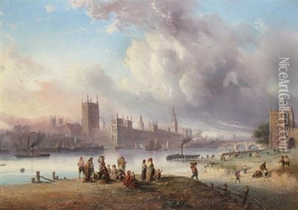A View Of Westminster Palace From Lambeth (+ A View Of The City Of London From Bank; Pair) Oil Painting - Carlo Bossoli