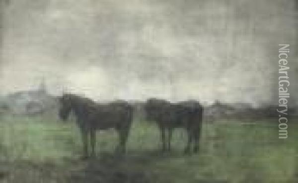 Two Horses In A Meadow, Hattem Oil Painting - Floris Verster