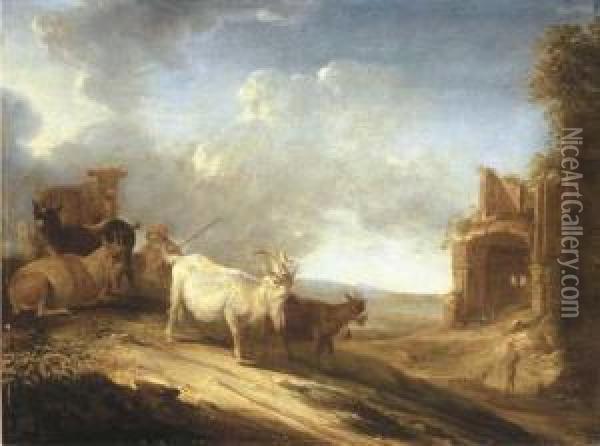 An Open Landscape With A Herdsman, Goats And A Cow On A Track, Aruin Beyond Oil Painting - Cornelis Saftleven