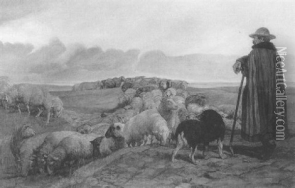 Schafer Mit Herde In Hugellandschaft Oil Painting - Wilhelm Altheim