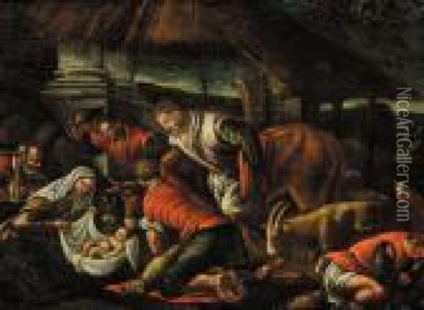 Nativita' E Paesaggio Con Figure Ed Armenti Oil Painting - Jacopo Bassano (Jacopo da Ponte)