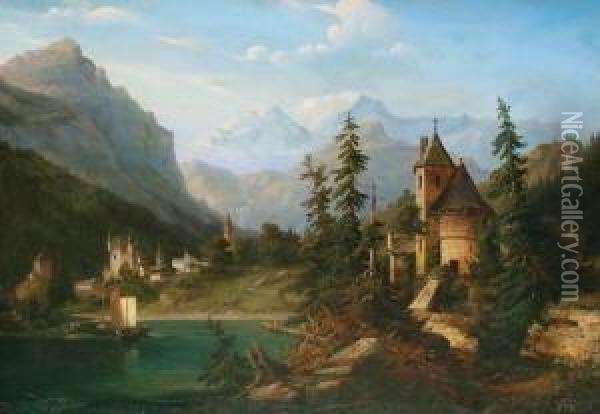 Blick Auf Thun, Schweiz, Rechts Der Alte Pulverturm Oil Painting - Hermann Ludwig Seefisch
