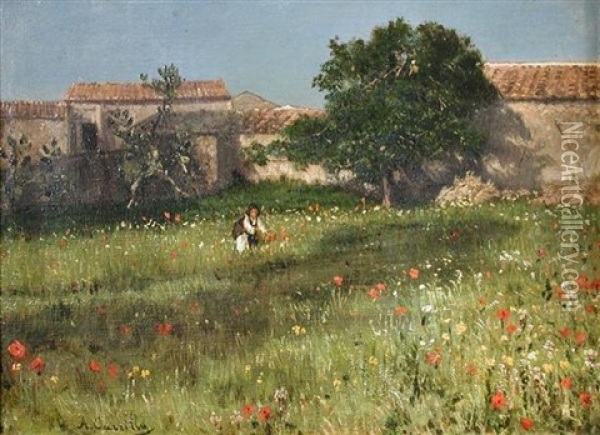 A Wildflower Meadow, Italy (+ An Italian Hill Path; Pair) Oil Painting - Achille Carrillo