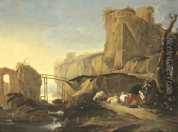 An Italianate mountain landscape with a shepherd and shepherdess resting by a river with their flock, travellers nearby Oil Painting - Adam Pynacker