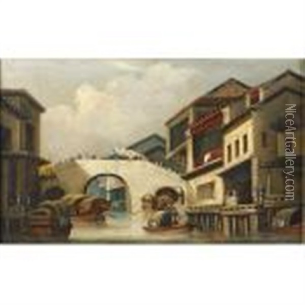Canal And Bridge At Honam, Canton Oil Painting - George Chinnery