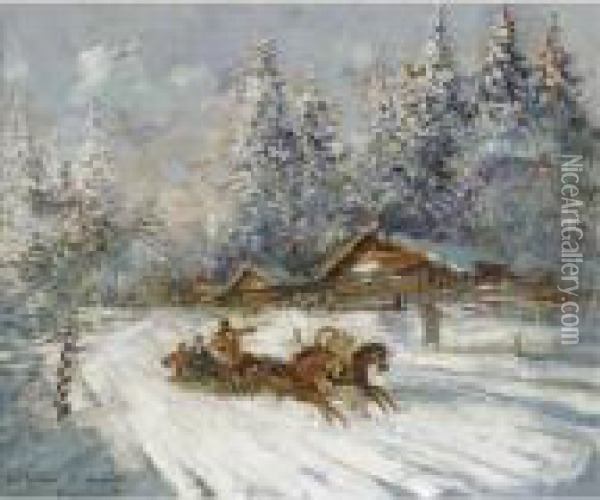 Troika Racing Through The Snow Oil Painting - Konstantin Alexeievitch Korovin