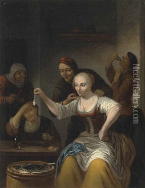 A Barn Interior With A Woman Seated Holding Up An Opened Clam And Other Figures Gathered Around The Table And A Barrel Oil Painting - Gerrit Lundens