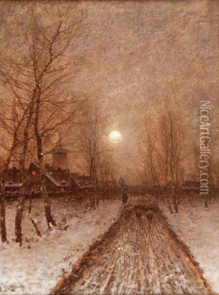 Zimowy Wieczor Oil Painting - Johann Jungblutt