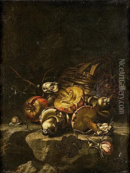A Basket Of Grapes With Mushrooms And A Snail On A Stone Ledge Oil Painting - Paolo Cattamara