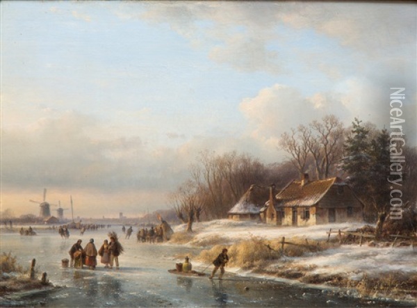 Icescape With Numerous Figures And A 'koek-en-zopie-tent Oil Painting - Lodewijk Johannes Kleijn