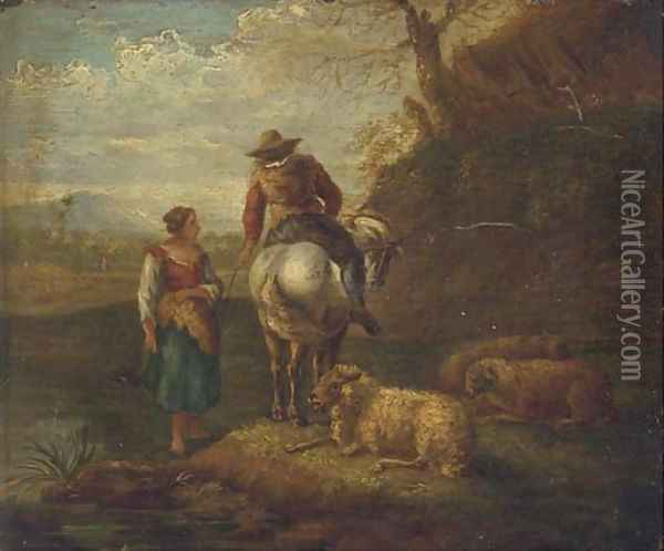 An Italianate river landscape with a shepherd and shepherdess and their flock Oil Painting - Dirck Van Bergen
