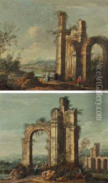 Personnages Dans Des Ruines Antiques (pair) Oil Painting - Jacopo di Paolo Marieschi