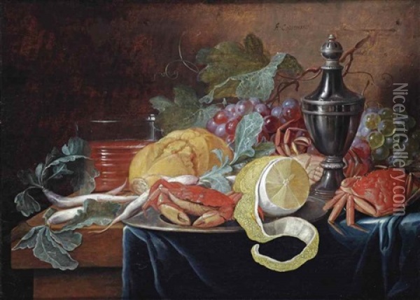Grapes, A Lemon, Crabs, Bread And A Silver Jug, All On A Wooden Ledge Oil Painting - Alexander Coosemans