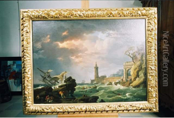 Vue D'un Port Mediterraneen Par Gros Temps Oil Painting - Jean Henry D'Arles