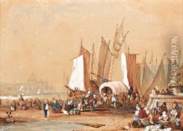 Visverkoop In De Haven Oil Painting - Jules Louis Frederic Villeneuve