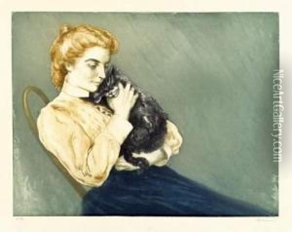 Jeune Femme Au Chat Oil Painting - Charles Maurin