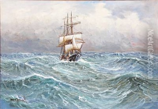 Seascape With A Sailing Ship In High Waves Oil Painting - Alfred Serenius Jensen