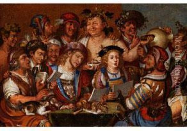 Singende Tischgesellschaft Mit Bacchus Bei Wein Und Wursten Oil Painting - Niccolo Frangipane