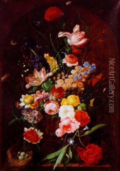 Roses, Carnations, Tulips, Narcissi And Other Flowers In A Sculpted Urn On A Ledge With A Bird's Nest Oil Painting - Jan van Os