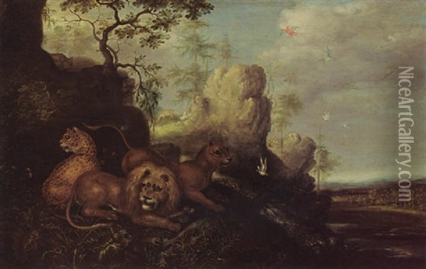 A Lion, A Lioness And A Leopard In A Mountainous Wooded Landscape With Macaws And Birds Near A Waterfall Oil Painting - Roelandt Savery