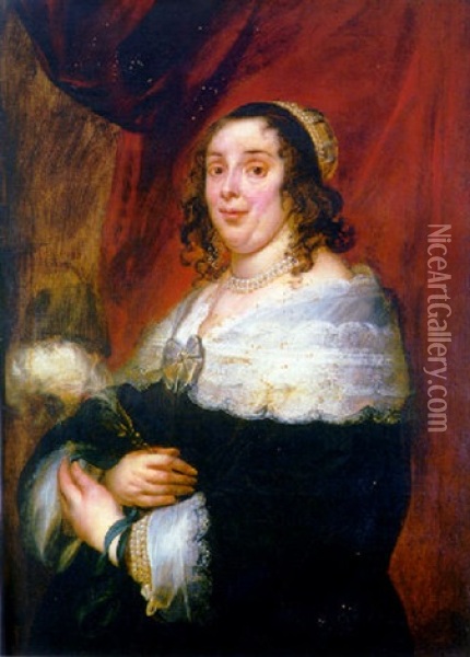 Portrait Of A Lady In A Black Dress With An Embroidered White Collar And A Cap Decorated With Pearls, A Plume In Her Hand Oil Painting - Jacob Jordaens
