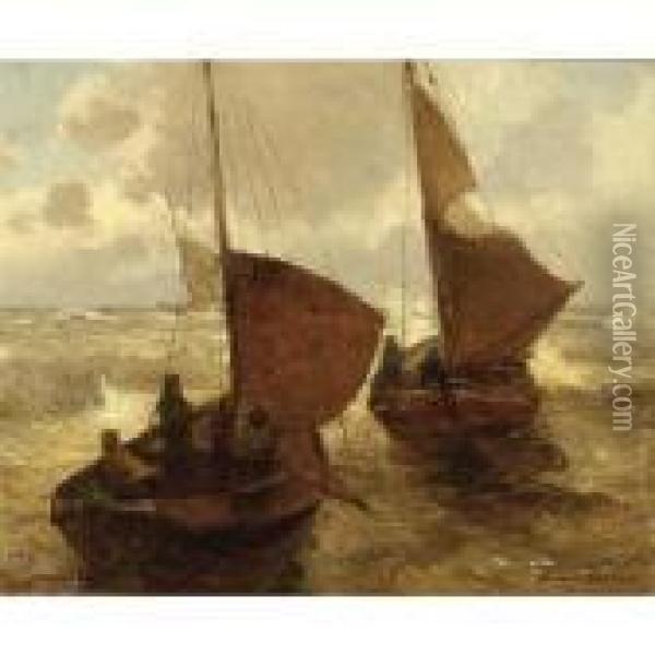 Fishing Boats At Sea Oil Painting - German Grobe