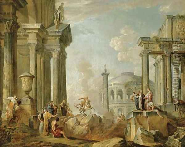 Marcus Curtius riding into the chasm of fire Oil Painting - Giovanni Paolo Panini