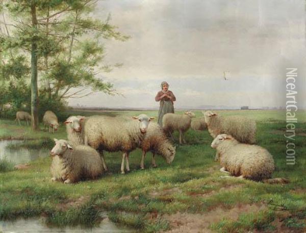 Tending The Flock Oil Painting - Jef Louis Van Leemputten