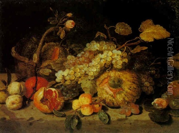 Still Life Of Melons In A Basket, Grapes, Apricots And Other Fruits Oil Painting - Jan van Kessel the Elder
