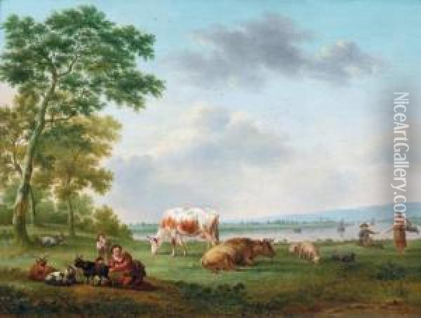 Pastori Con Il Loro Bestiame Presso Un Fiume In Un Paesaggioassolato Oil Painting - Hendrick Willelm Schweickhardt