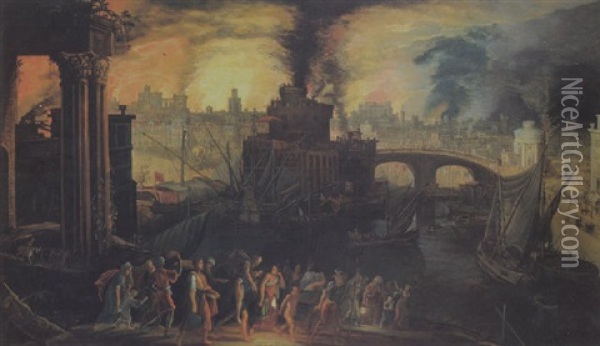 Der Brand Von Troya, Aeneas Und Seine Familie Fliehen Aus Der Brennenden Stadt Oil Painting - Kerstiaen de Keuninck