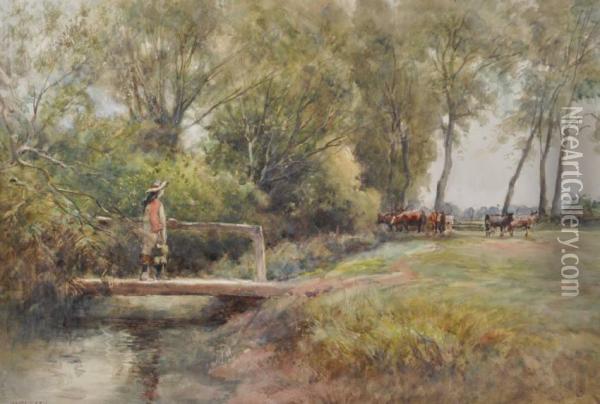 Rural Scene With Girl On Awooden Bridge Oil Painting - William Heath