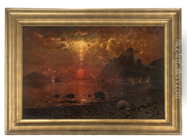 Midnight Sun, Reine In Lofoten Oil Painting - Adelsteen Normann